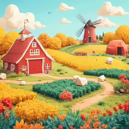 an abstract painting of a farm with red barns, trees, and rocks