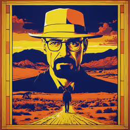 a man in a yellow hat with a mustache on,a man in glasses and a hat with an orange background