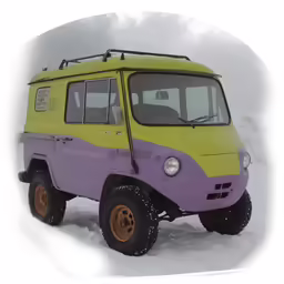 the purple and yellow car is driving through the snow