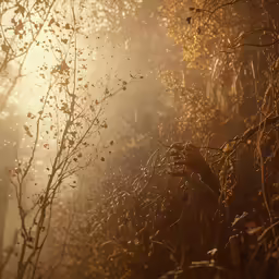 a person standing in the woods with their hand on the branches