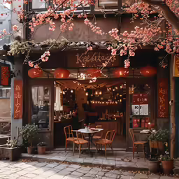 the door to a chinese restaurant with flowers growing out of it