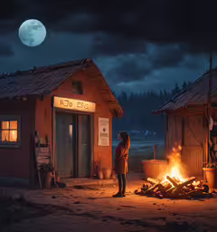a woman standing in front of a lit fire with the moon in the background,a person standing in front of a house on fire