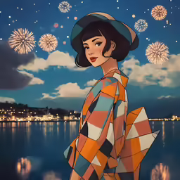 a painting of a woman wearing a checkered coat and hat