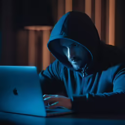 a man in a hoodie on his macbook in the dark