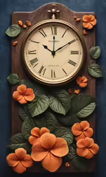 a large clock with some orange flowers on the wall