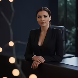 an attractive woman in a suit sits at her desk