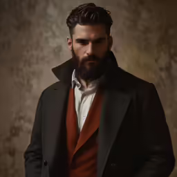 a man with a beard is standing up for the camera