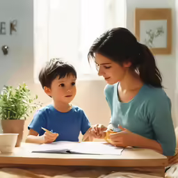 the little boy is sitting at a table with his mother