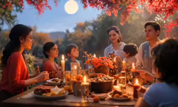 group of people around dinner table lit by candlelight
