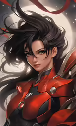 a woman with long hair wearing an armor