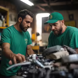 two men work on a car in a garage