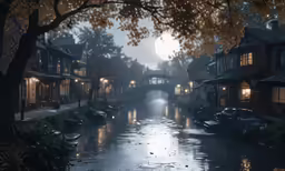 a night scene with a bridge and lights reflecting off the water