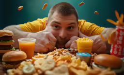 a man is taking a selfie while surrounded by food