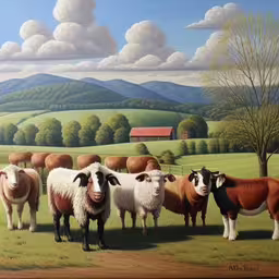 a painting shows different kinds of animals in a field,the herd of cattle are grazing in a field