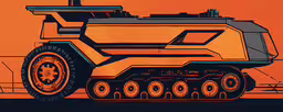 a drawing of an orange vehicle on the street,an orange and black car on a road