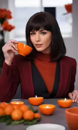a woman in red holds up an orange mug