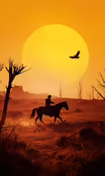 a man on a horse in a sunset sky