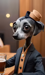 a dog dressed as a man with a beer