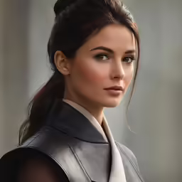 a woman wearing a grey leather vest