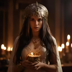 a woman in ancient dress holds a lit candle