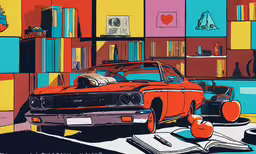 a red car is parked on the pavement,a large poster of an old car and bookcase