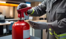 a man holding an open fire extinguisher while standing in an office
