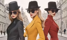three women in hats and glasses standing in the street