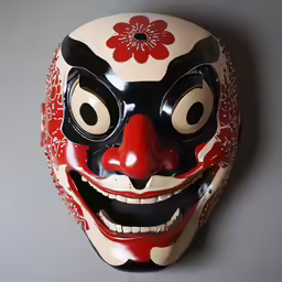 a red and white mask with floral decorations on the face