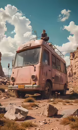 the old van is parked on the rocky ground
