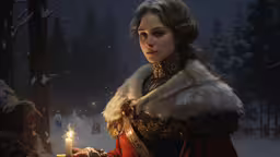 a girl in red dress holding a candle,a woman is in a snowy area by a candle