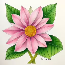 a colored drawing of a pink flower with green leaves,a drawing of a pink flower on a white background