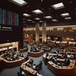 people are sitting in a lobby of the stock exchange