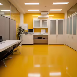 the office has yellow floor and is bright yellow