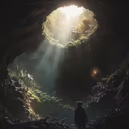 a cave with sunbeams shining through the tunnel