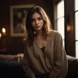 a woman sitting in front of a window on top of a couch