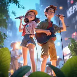 an animation character standing next to another character holding a guitar