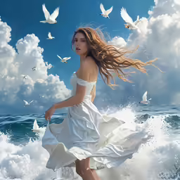 a woman in a white dress running through the water with birds flying overhead