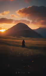 a person kneeling in a field with the sun peeking behind some mountains