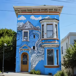 a building with windows painted in blue