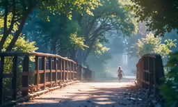 the woman walking on the bridge is passing trees