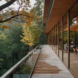 the deck of a modern home overlooks a wooded area