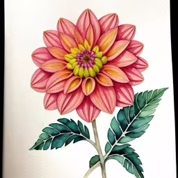 an image of a beautiful pink flower on white background,the painting is of a pink flower,watercolor on paper showing a colorful flower,a painting of a bright pink flower and green leaves,a painting of a large pink flower and green leaves