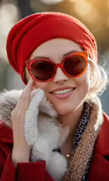 young woman wearing red sun glasses, smiling