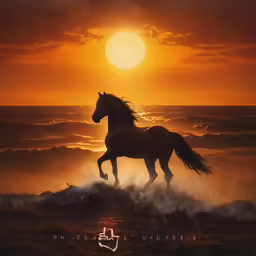a horse running on the beach at sunset
