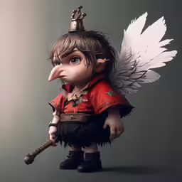 a bird dressed as a boy with a bird - like hat and cape on his head holding a rifle