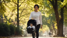 woman walking down the sidewalk with a stroller