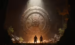 a couple of people walking through a tunnel