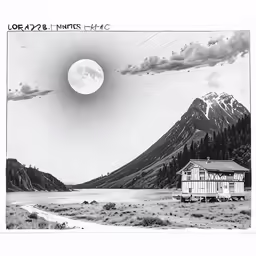 black and white image of a mountain with a house in front