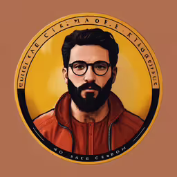 a man with glasses and a beard is wearing a red jacket,a round portrait picture that has been drawn of a man