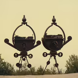 two antique looking outdoor decorations with trees behind them